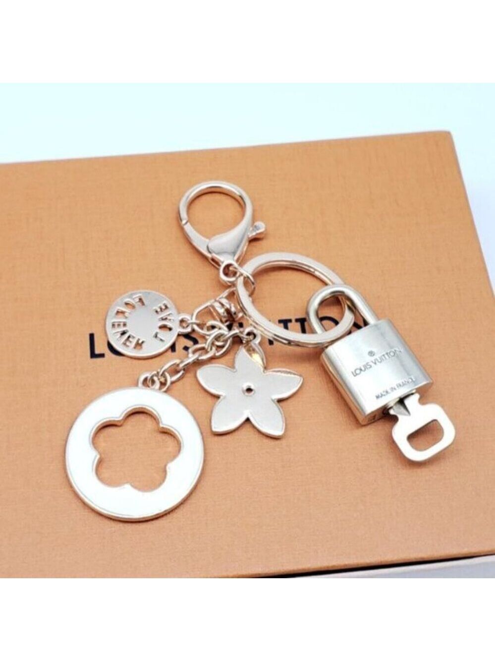 Authentic Louis Vuitton Gold Lock & Box w/ Unbranded Flower Bagcharm 121825 - Picture 5 of 10